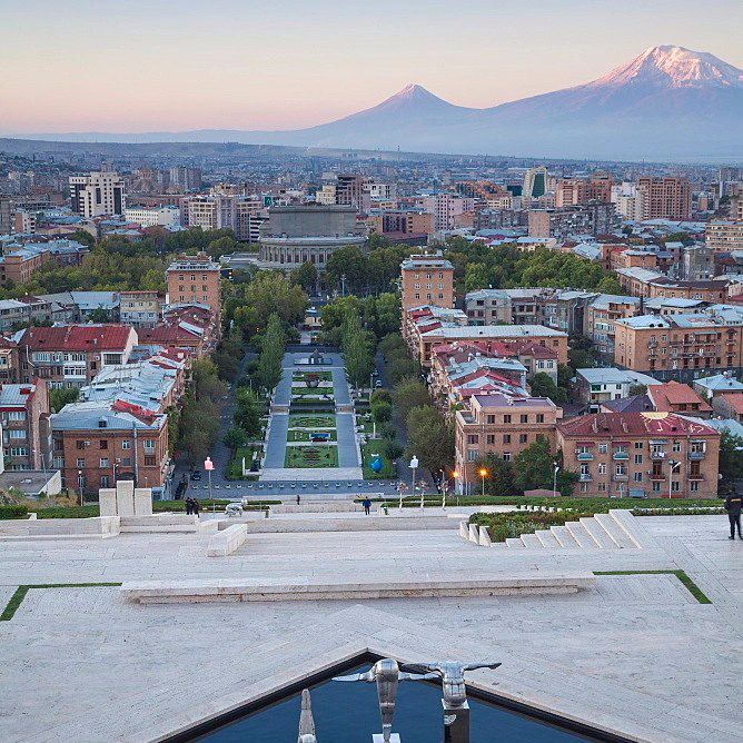 View of Yerevan and Mount Ararat from Cascade, Yerevan, Armenia, Central Asia, Asia